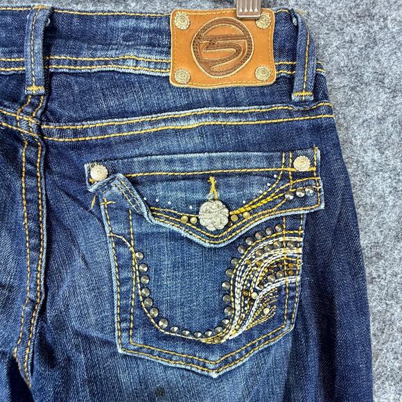 Studio 5 Bootcut Jeans Womens 3 Blue Y2K Flap Pocket Studded Embroidered Stretch - Picture 8 of 11